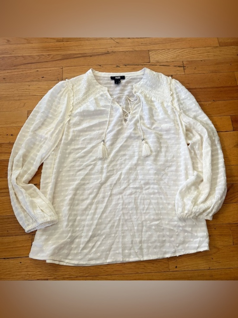 Paige White Sheer Swiss Dot Blouse Boho Lace Up Peasant Blouse Size Small